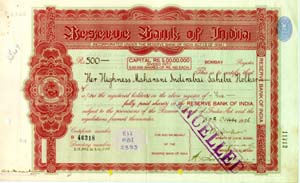 Image of Reserve Bank of India Share Certificate
