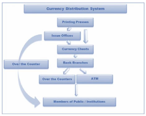 The notes and coins are distributed, in the semi-retail model, by the network of the RBI Issue Offices, CCs/SCDs, bank branches and ATMs in the following manner: